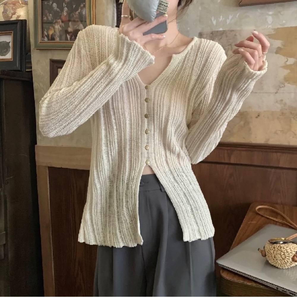 Women’s Ribbed Open Knit Cutout Sweater Sheer Slim Fit Long Sleeve Top Size S